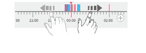 Video playback timeline showing blue recorded segments and pinch gestures