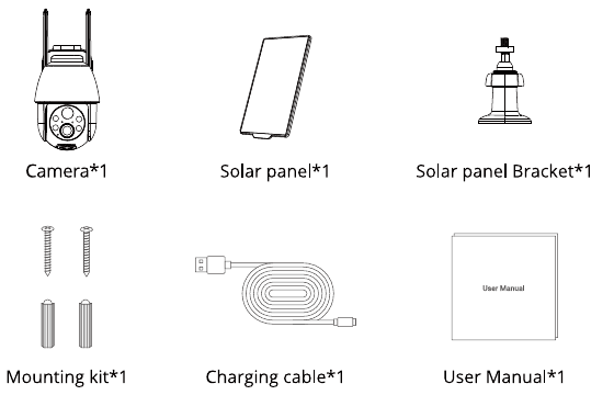 Lista de contenido: cámara, panel solar, soporte del panel solar, kit de montaje, cable de carga, manual de usuario