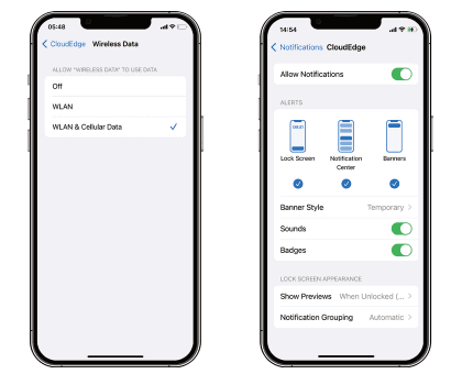 Pantallas de ajustes de iOS que activan WLAN y datos móviles y permiten las notificaciones de CloudEdge