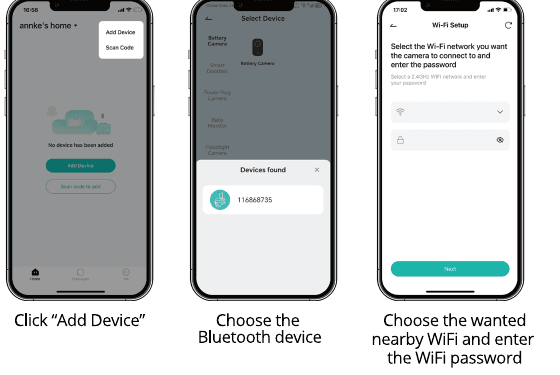 Pantallas de CloudEdge: Añadir dispositivo, selección del dispositivo Bluetooth y configuración del Wi-Fi con introducción de la contraseña