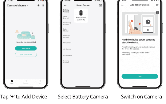 Pantallas de CloudEdge: inicio de Añadir dispositivo, Seleccionar dispositivo con Cámara con batería y encendido de la cámara