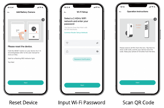 Pantallas de CloudEdge: reinicio del dispositivo, introducción de la contraseña del Wi-Fi y escaneo del código QR con la lente de la cámara