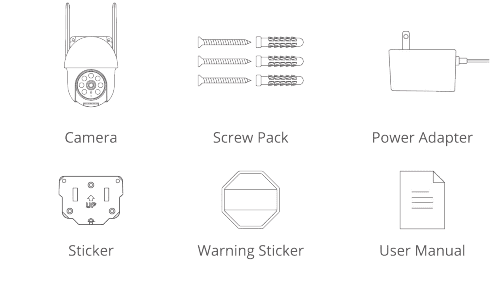 Na embalagem: câmera, kit de parafusos, adaptador de energia, adesivo, adesivo de aviso, manual do usuário