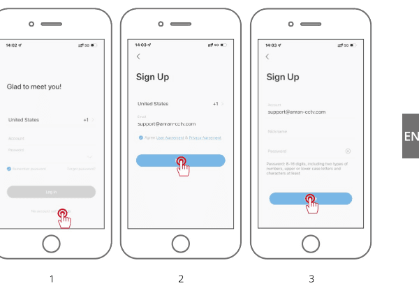 Três telas do aplicativo: login, cadastro com e-mail e definição de apelido e senha