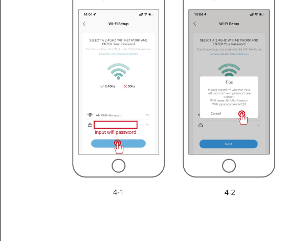 Tela de configuração de Wi-Fi: selecione uma rede de 2.4 GHz, digite sua senha e confirme na caixa de diálogo de dicas