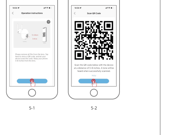 Telas de instruções de operação e de leitura de QR Code: segure a câmera em frente à tela do celular até ouvir um som