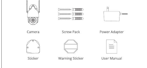 Contenido de la caja: cámara, kit de tornillos, adaptador de corriente, adhesivo, adhesivo de advertencia y manual de usuario
