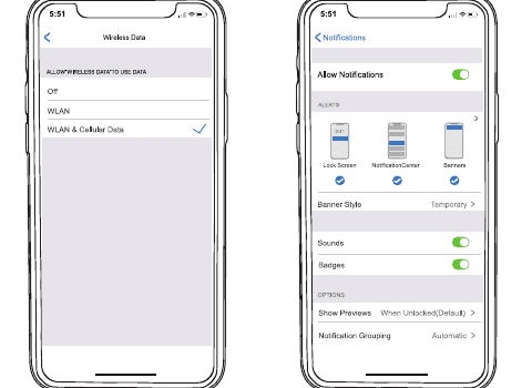 شاشتا أذونات البيانات اللاسلكية والإشعارات في نظام iOS لتطبيق CloudEdge
