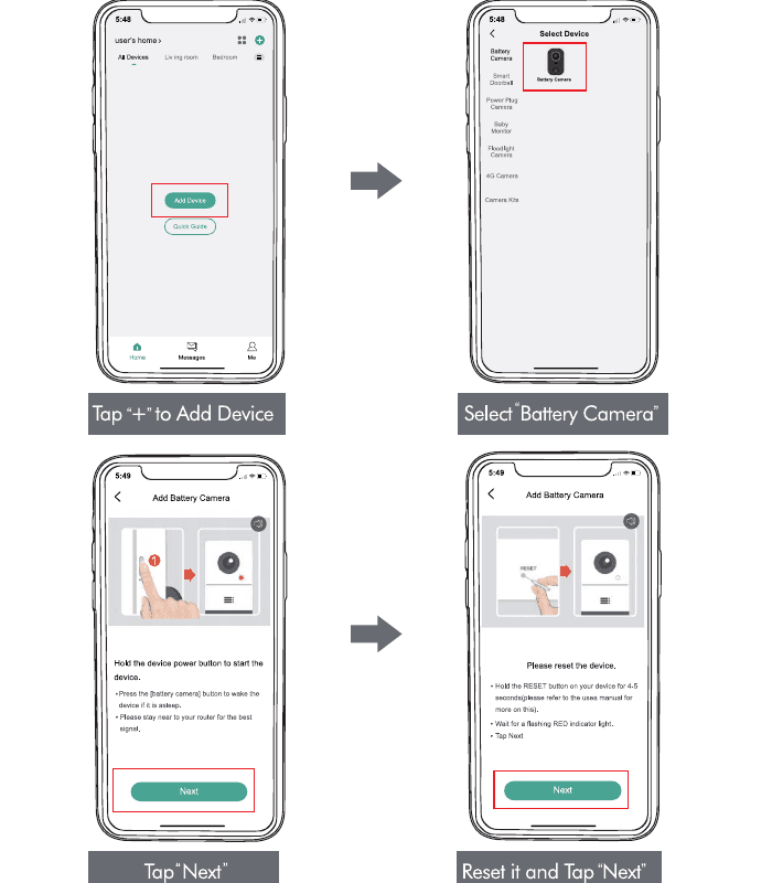 شاشات إضافة جهاز، اختيار الكاميرا التي تعمل بالبطارية، الضغط على زر الطاقة لإيقاظها، وإعادة ضبط الجهاز