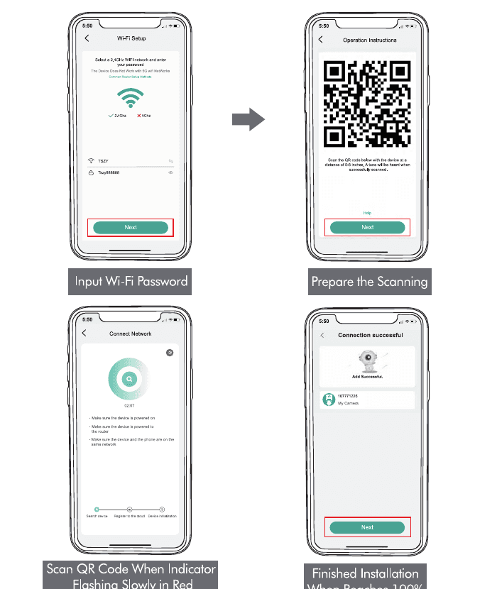 شاشات إعداد Wi-Fi، وتعليمات مسح رمز QR، وتقدّم الاتصال، ونجاح الاتصال