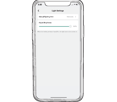 شاشة إعدادات الإضاءة مع توقيت الإضاءة اليدوي وشريط تمرير ضبط السطوع