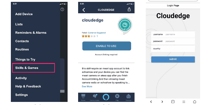 قائمة المهارات والألعاب في Alexa، وصفحة مهارة Cloudedge، وصفحة تسجيل الدخول إلى حساب CloudEdge
