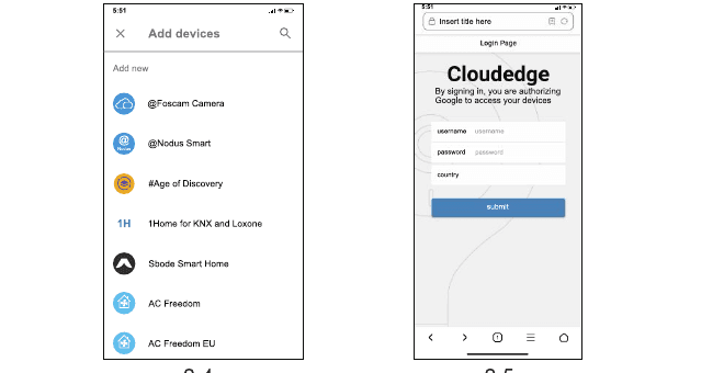 قائمة إضافة الأجهزة وصفحة تسجيل الدخول إلى CloudEdge في Google Home