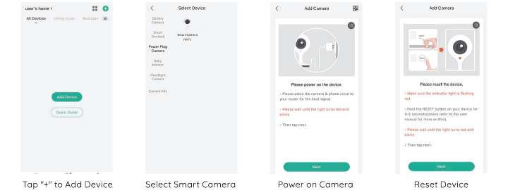 Capturas de la app: pulsa + para añadir dispositivo, selecciona Cámara Inteligente, enciende la cámara, restablece el dispositivo