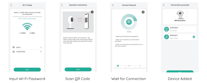 Capturas de la app: introduce la contraseña Wi-Fi, escanea el código QR, espera la conexión, dispositivo añadido correctamente