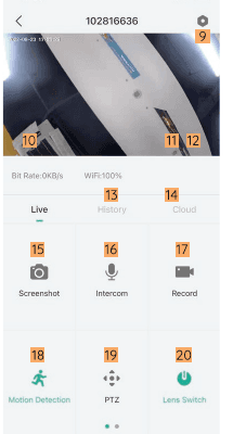 Página de visualización en directo de CloudEdge con los controles numerados