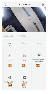 Controles adicionales de la visualización en directo de CloudEdge: Luz, Sirena, Alarma sonora y luz estroboscópica, Modo de color completo, Álbum