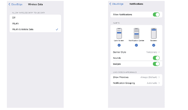 CloudEdge 앱의 iOS 설정 화면: 무선 데이터를 'WLAN 및 모바일 데이터'로 설정하고 알림을 활성화한 상태