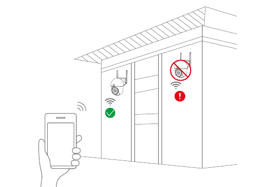 Testando sinal WiFi com um telefone: um local com sinal forte é aprovado enquanto um local remoto é rejeitado