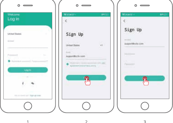 Três telas de aplicativos: faça login, cadastre-se com e-mail e defina apelido e senha