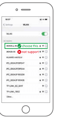 Lista de telefone WLAN mostrando para escolher a rede 2.4G e que 5G não é compatível