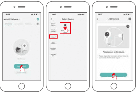 Adicionando um dispositivo: toque em Adicionar, selecione Câmera inteligente e ligue o dispositivo