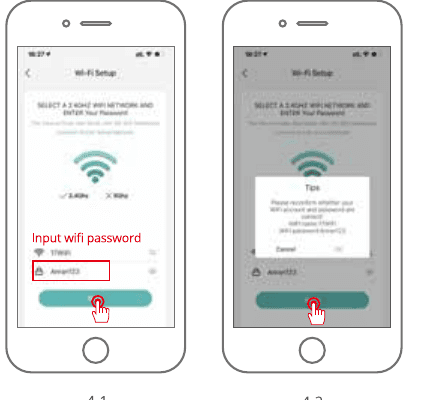 Wi-Fi Tela de configuração: selecione uma rede 2.4GHz e digite sua senha