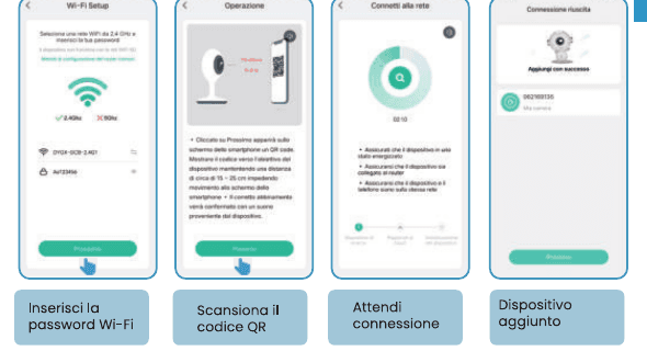 شاشات التطبيقات: أدخل كلمة المرور Wi-Fi، امسح رمز QR ضوئيًا، انتظر الاتصال، تمت إضافة الجهاز