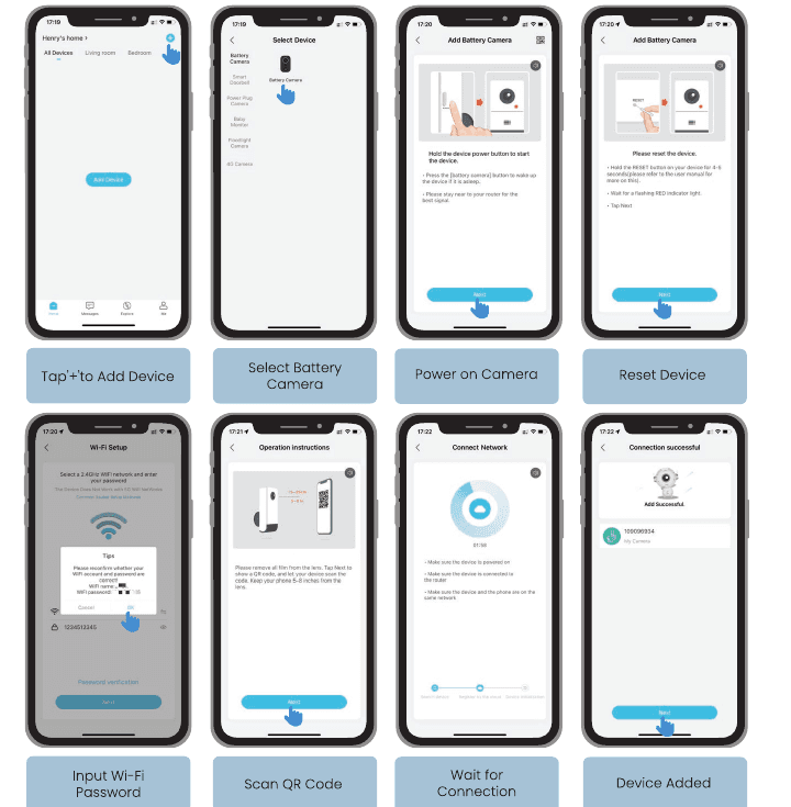 ثماني شاشات CloudEdge app: انقر فوق + لإضافة جهاز، وحدد كاميرا البطارية، وقم بتشغيل الكاميرا، وإعادة ضبط الجهاز، وإدخال كلمة المرور Wi-Fi، ومسح رمز الاستجابة السريعة ضوئيًا، وانتظر الاتصال، ثم تمت إضافة الجهاز