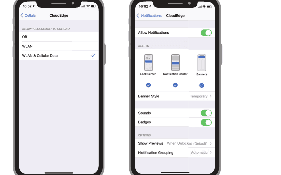 iOS شاشات البيانات الخلوية وأذونات الإشعارات لتطبيق CloudEdge