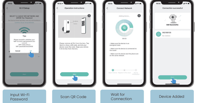 شاشات التطبيقات: إدخال كلمة المرور Wi-Fi، مسح رمز QR، انتظار الاتصال، تمت إضافة الجهاز بنجاح