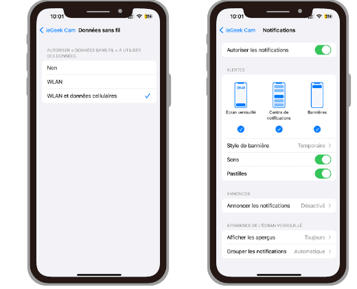 شاشتا إذن بيانات الشبكة اللاسلكية والإشعارات لتطبيق ieGeek Cam على نظام iOS