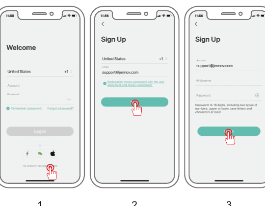 Pantallas de registro de aplicaciones: pantalla de inicio de sesión de bienvenida, registro con correo electrónico y configuración de apodo y contraseña