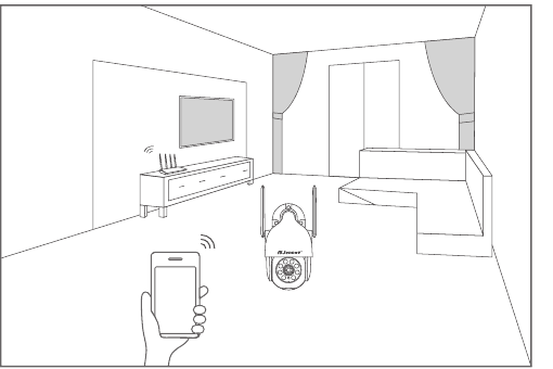Ilustración de cómo colocar el teléfono y la cámara cerca del enrutador WiFi