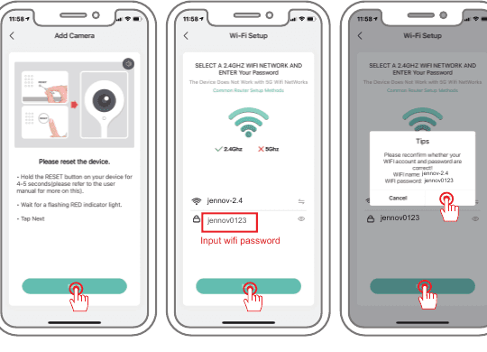 Pantallas de aplicaciones: reinicie el dispositivo, seleccione 2.4GHz Wi-Fi e ingrese la contraseña, luego confirme la cuenta y la contraseña Wi-Fi