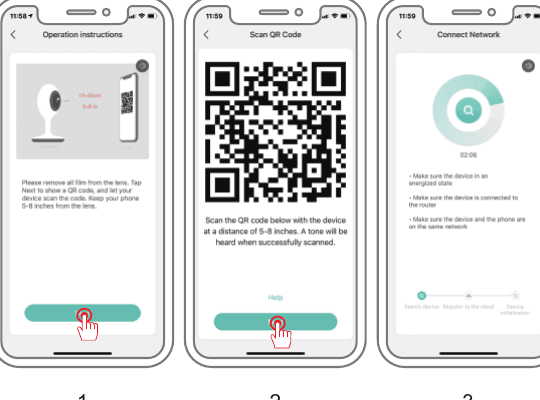Pantallas de la aplicación: instrucciones de operación, escanee el código QR en 5-8 inches y conecte la red