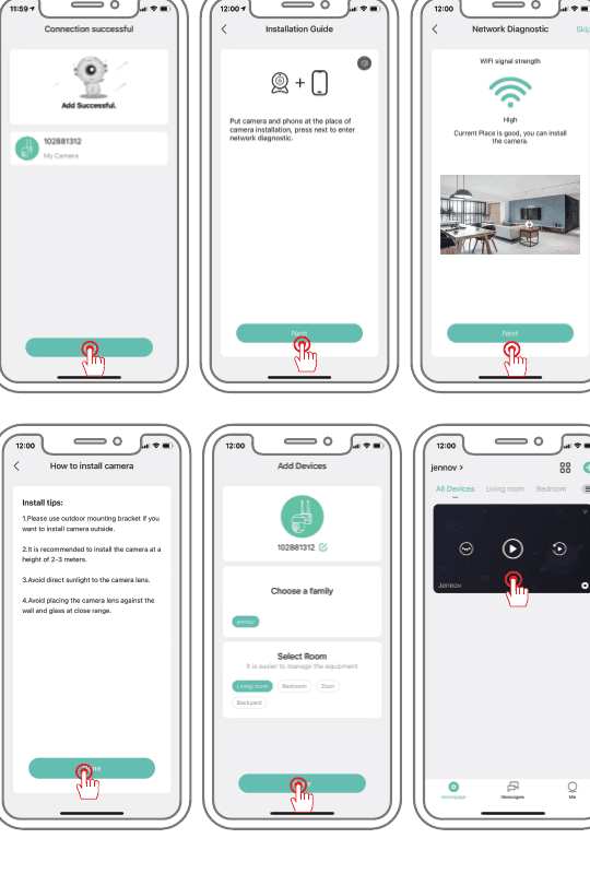 Pantallas de aplicaciones: conexión exitosa, guía de instalación, diagnóstico de red que muestra señal alta, consejos de instalación, agregar dispositivos y vista en vivo del dispositivo