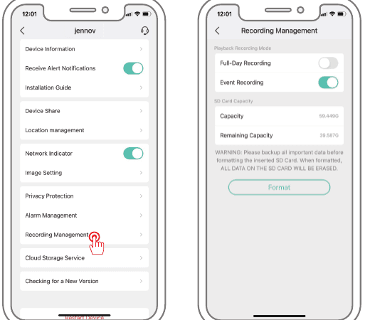 Menú de configuración y pantalla de administración de grabación que muestran alternancia entre grabación de día completo y grabación de eventos más capacidad de tarjeta SD
