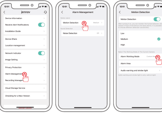 Pantallas de aplicaciones: menú de configuración, gestión de alarmas con detección de movimiento y detección de ruido, y opciones de sensibilidad de detección de movimiento