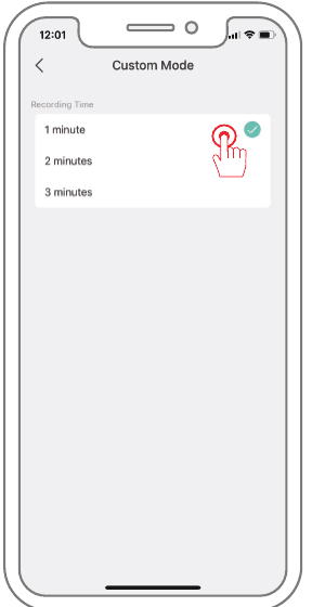 Pantalla de modo personalizado para seleccionar el tiempo de grabación de 1 minute, 2 minutes o 3 minutes