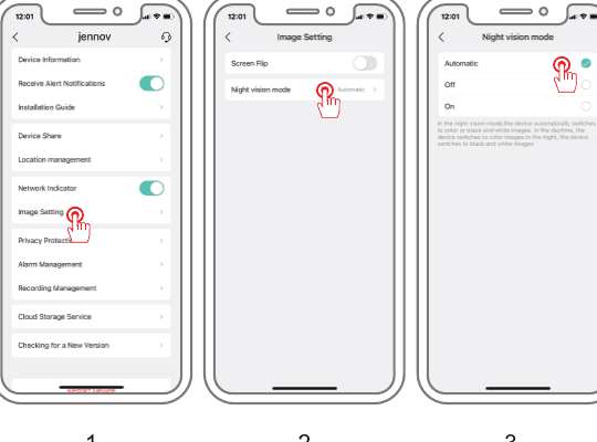 Pantallas de aplicaciones: menú de configuración, configuración de imagen con giro de pantalla y modo de visión nocturna, y opciones del modo de visión nocturna