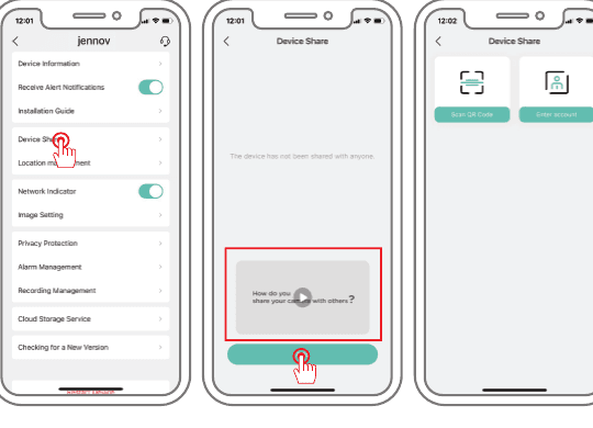Pantallas de aplicaciones: menú de configuración, página Compartir dispositivo y compartir escaneando el código QR o ingresando la cuenta