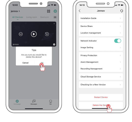 Pantallas de aplicaciones: mantenga presionado el dispositivo con mensaje de confirmación de eliminación y menú de configuración con la opción Eliminar el dispositivo