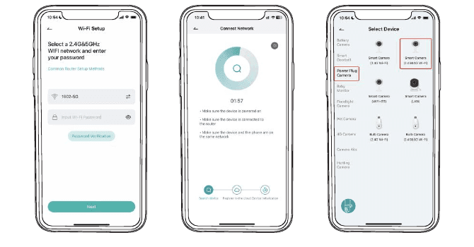 Telas do aplicativo CloudEdge: configuração de Wi-Fi, progresso da conexão da rede e seleção da lista de dispositivos