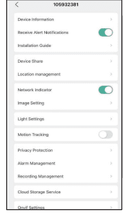 Pantalla de lista de ajustes de la cámara