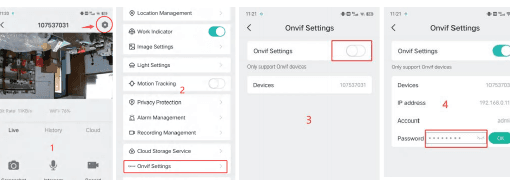 Pantallas de ajustes de Onvif de CloudEdge con la dirección IP, cuenta y contraseña