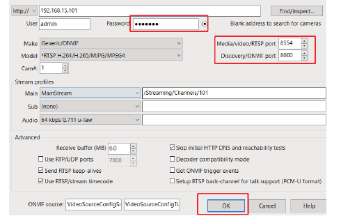 Ajustes de Blue Iris con Media/video/RTSP port 8554 y Discovery/ONVIF port 8000