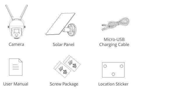 Pakkeinnhold: kamera, solpanel, Micro-USB-ladekabel, brukerveiledning, skruepakke, plasseringsklistremerke