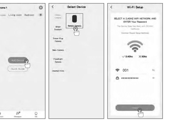App-skjermbilder: trykk på Legg til enhet, velg batterikamera, velg 2,4 GHz Wi-Fi og skriv inn passord