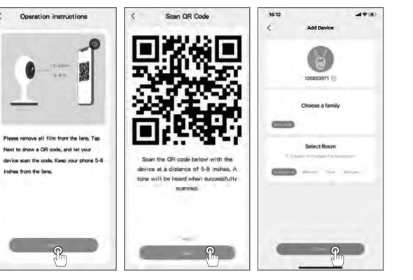 App-skjermbilder: betjeningsinstruksjoner, skann QR-kode, gi kameraet et navn og velg et rom